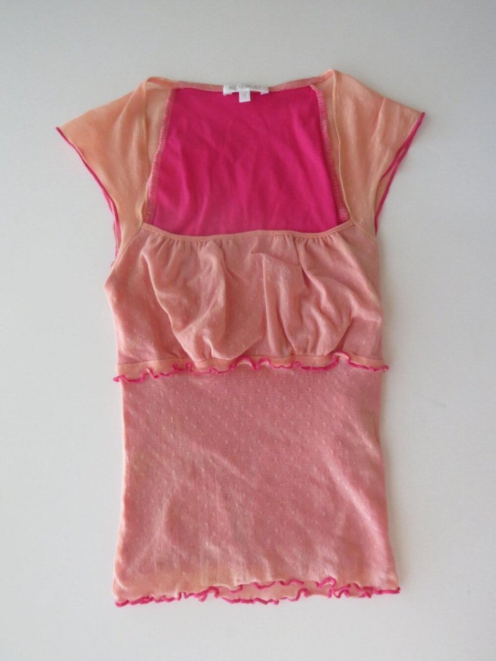 Vintage Italian Kookai 2000s Coral Pink Sheer Swiss Dot Mesh Top, Made in France